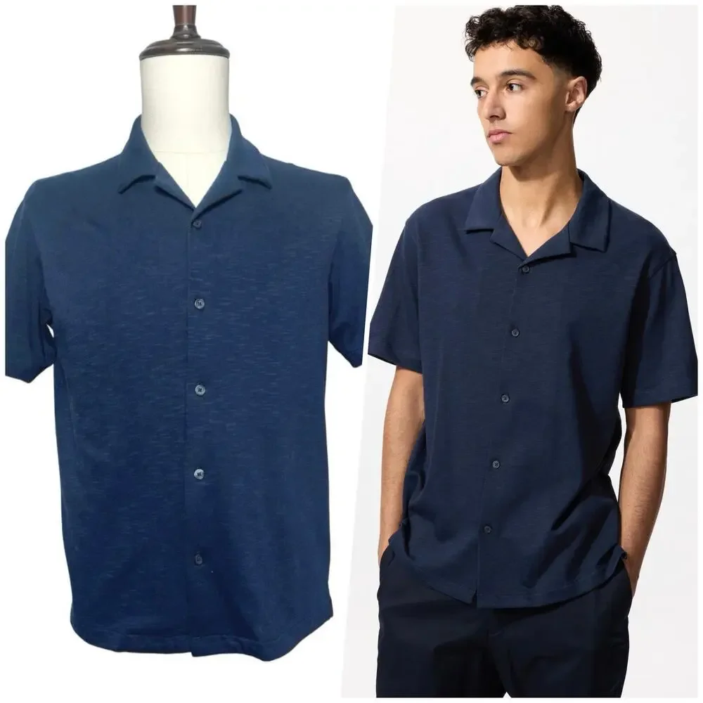 Uniqlo | Men | AIRism Navy Cotton Open Collar SS Button Up Shirt | Small